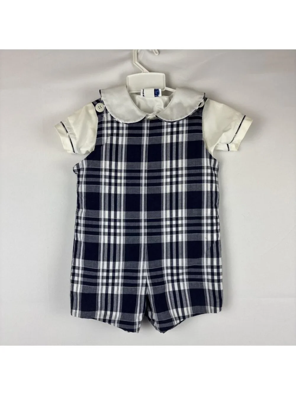 Mondays Child Boys Shortall Romper Blue White Plaid 2T